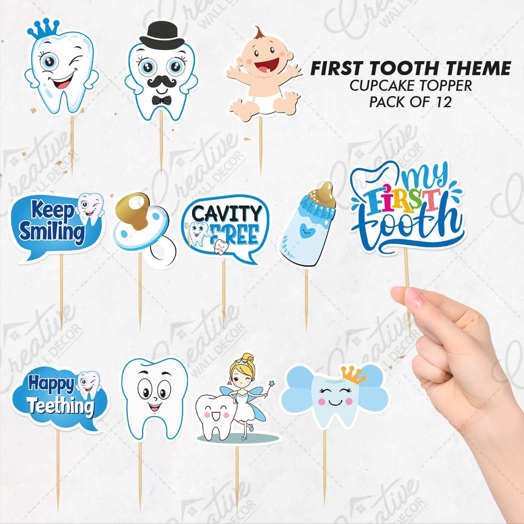 First Tooth Party Cupcake Toppers For Boy - Pack Of 12