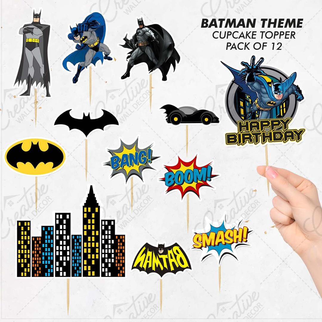 Batman Theme Cupcake Toppers, Pack of 12 