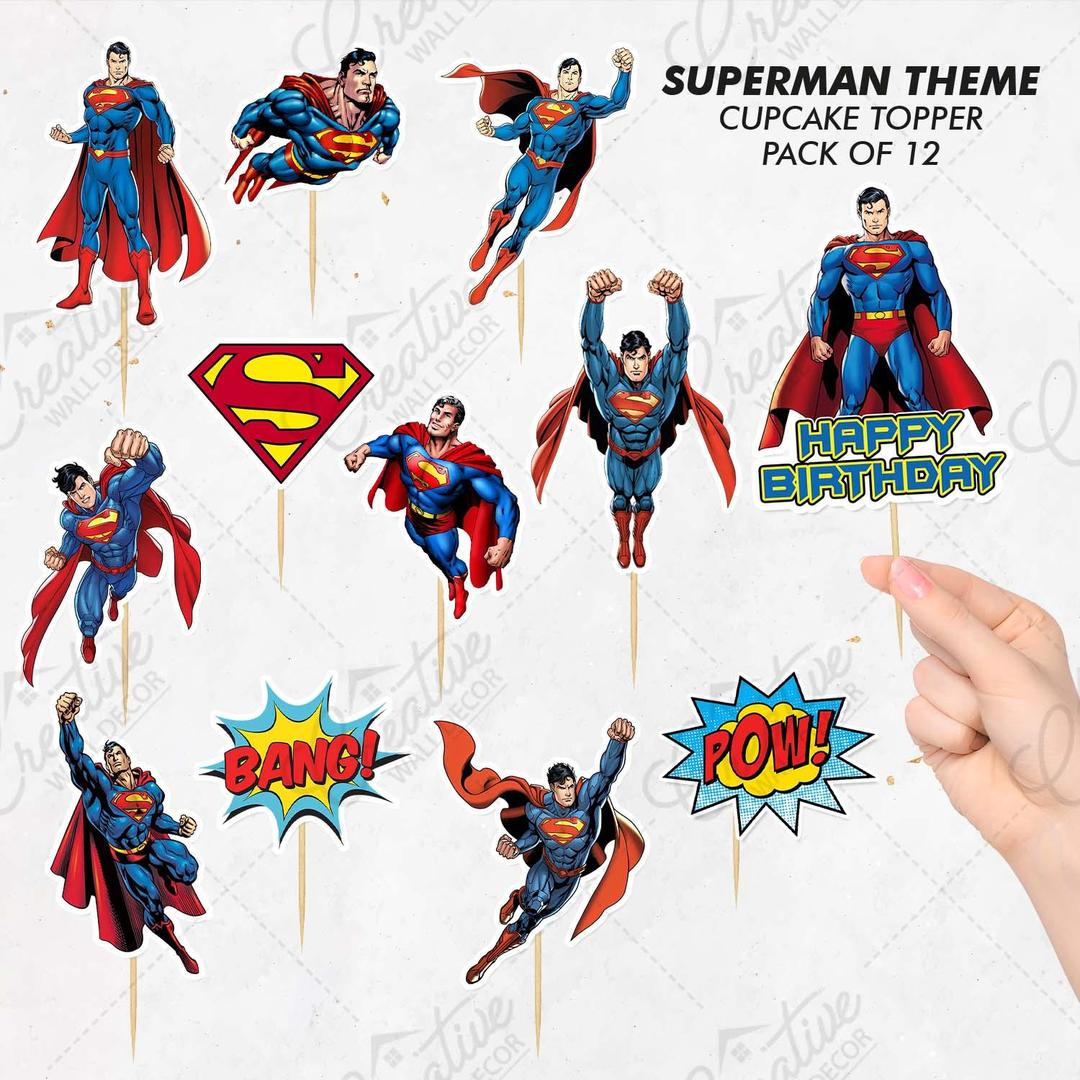 Superman Theme Cupcake Toppers, Pack of 12