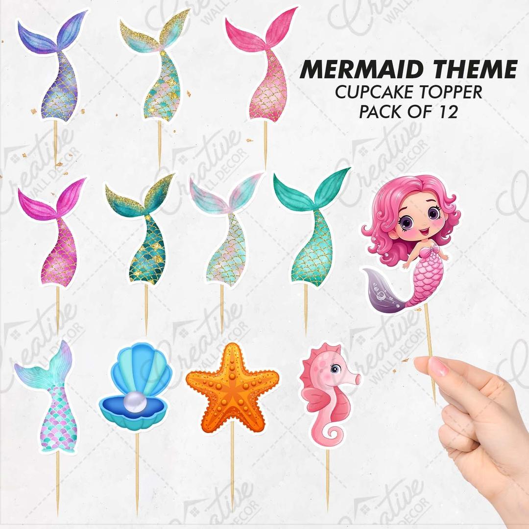 Little Mermaid Theme Cupcake Toppers, Pack of 12 