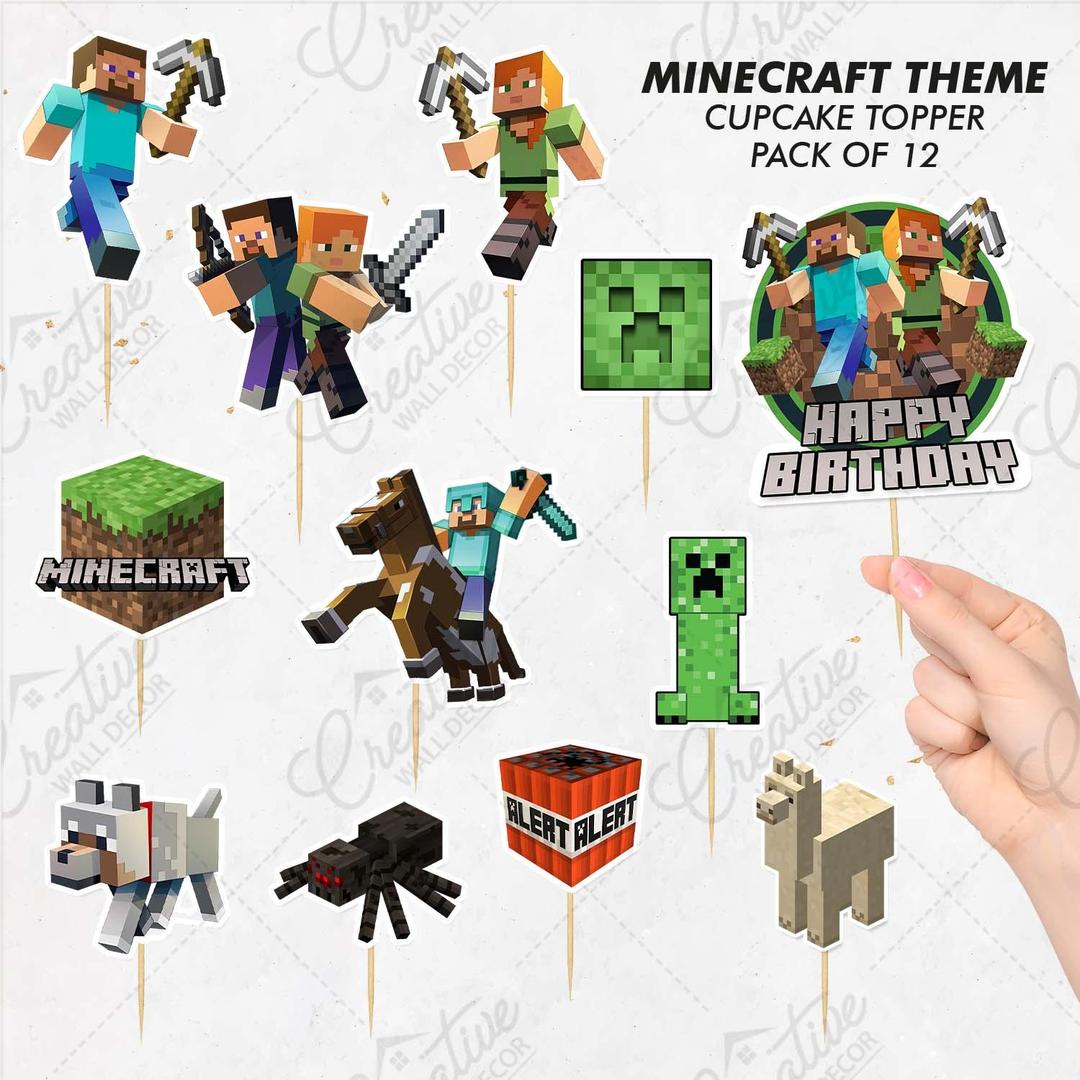 Minecraft Theme Cupcake Toppers, Pack of 12 