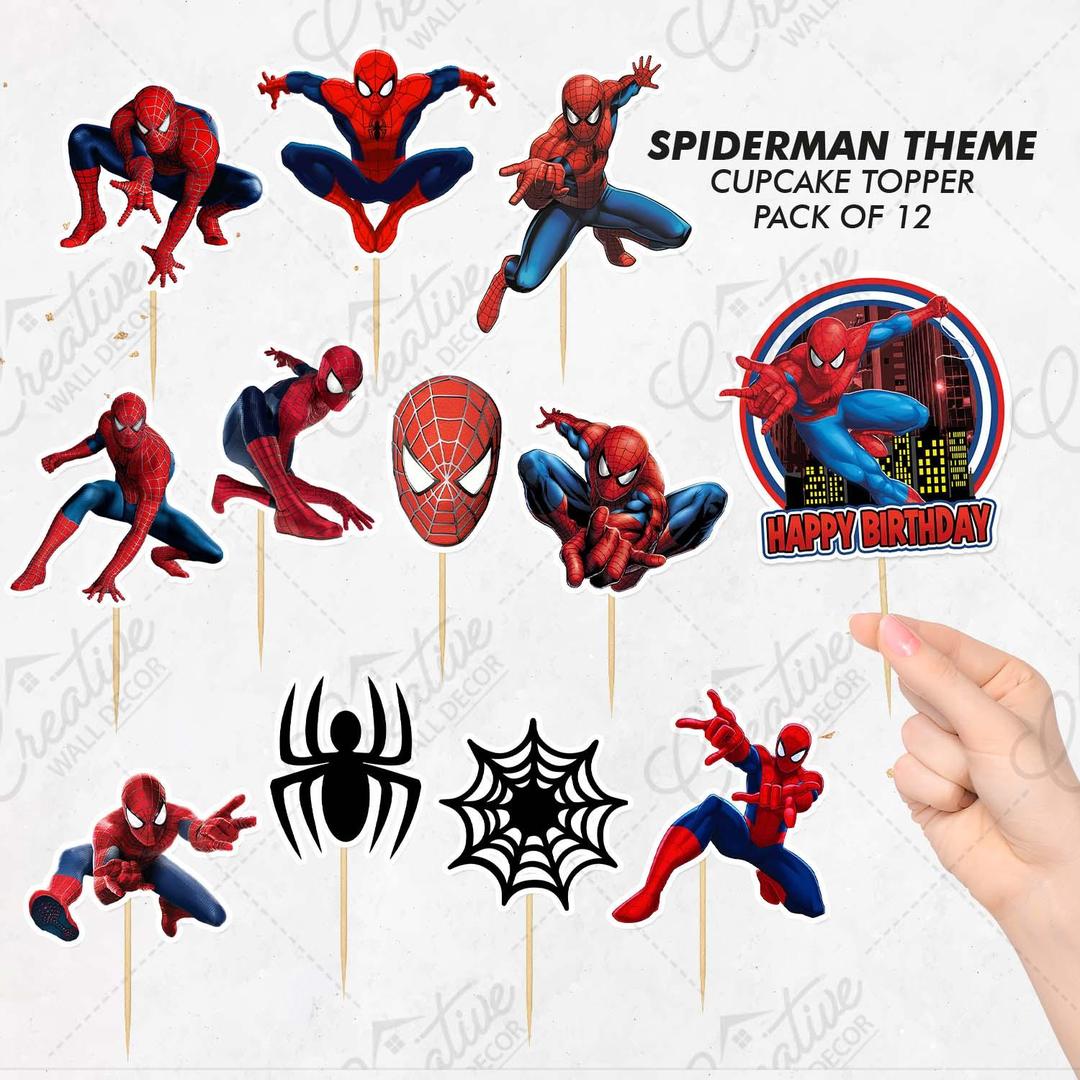 Spiderman Theme Cupcake Toppers , Pack of 12 