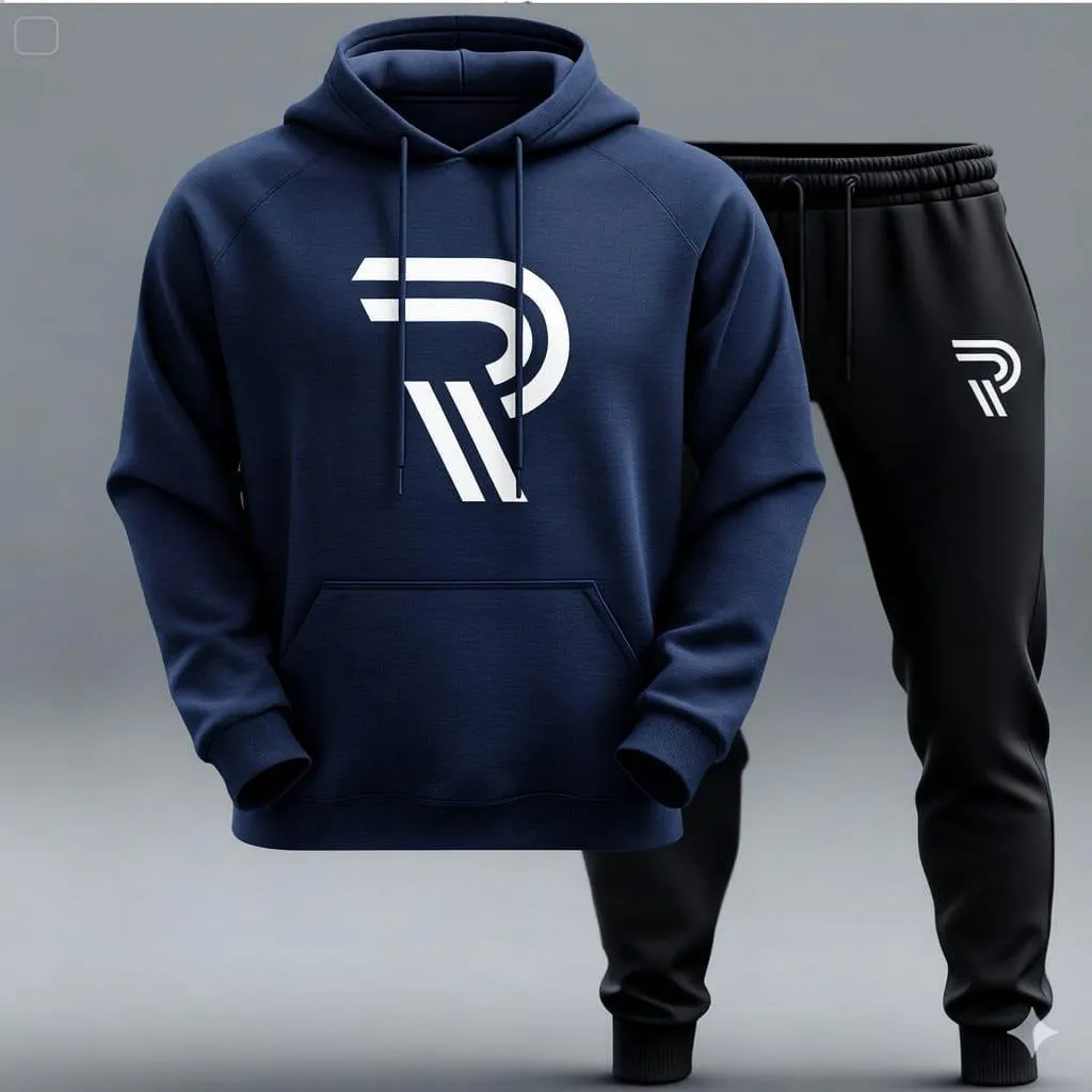 Contrast Navy Blue R Printed Hooded Tracksuit for Mens