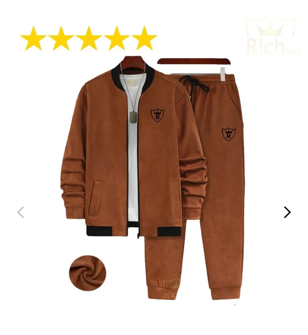2 Pcs Men's Fleece Printed Zipper Track Suit