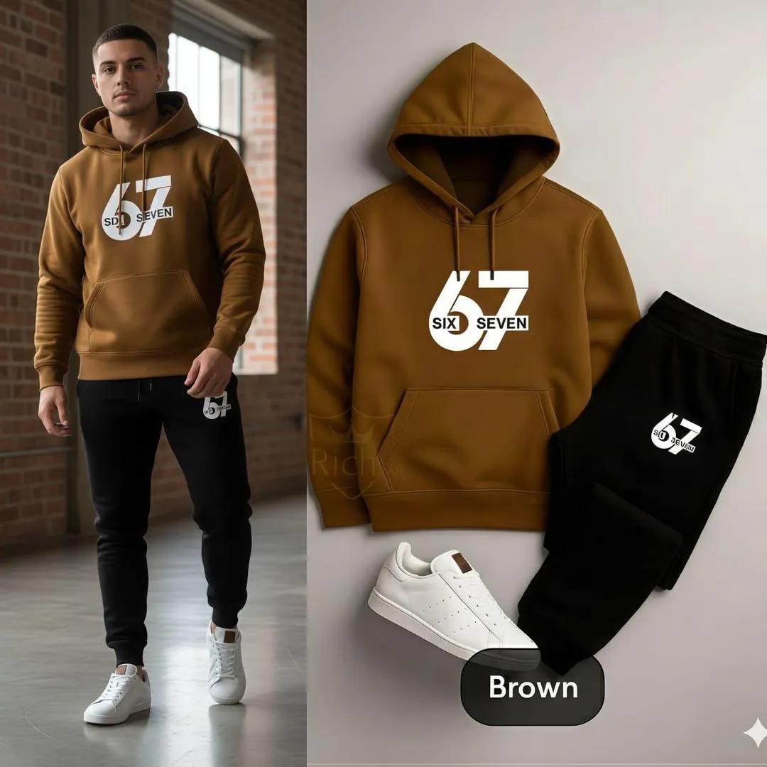 67 Contrast Brown Fleece Printed Hoodie Track Suit