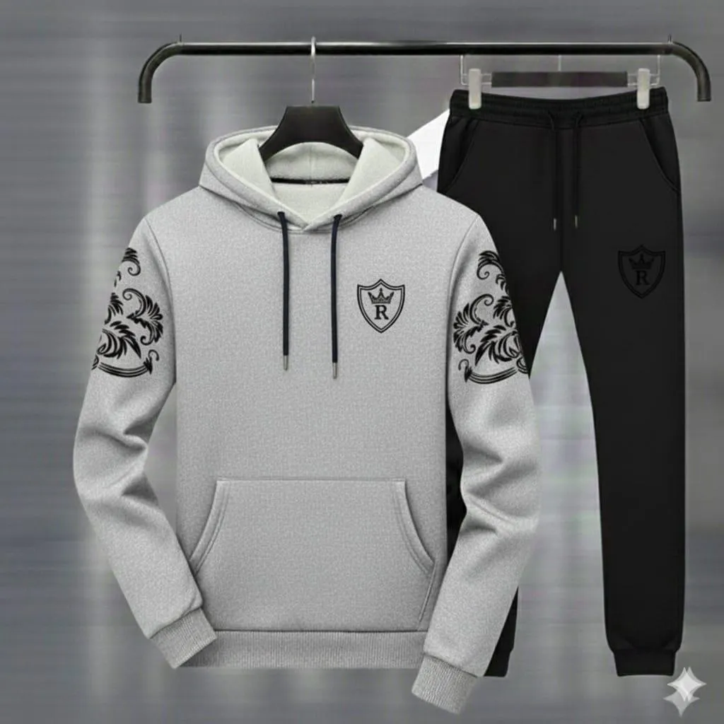 Royal Crest Grey & Black Printed Hoodie Track Suit