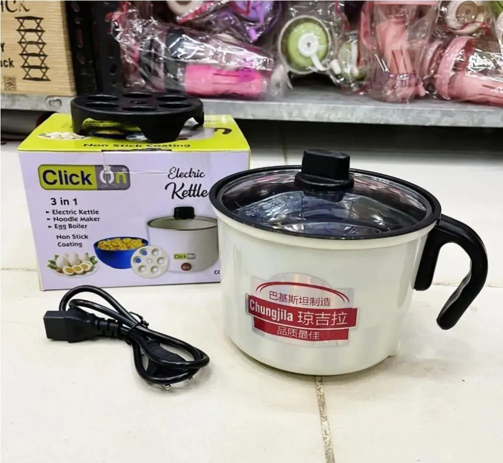  Non-Stick Multi Cooker Electric Kettle – 3-in-1 Noodle Maker, Egg Boiler, & Food Warmer with Concealed Base – Portable & Lightweight for Hostel & Home Use – Made in Pakistan