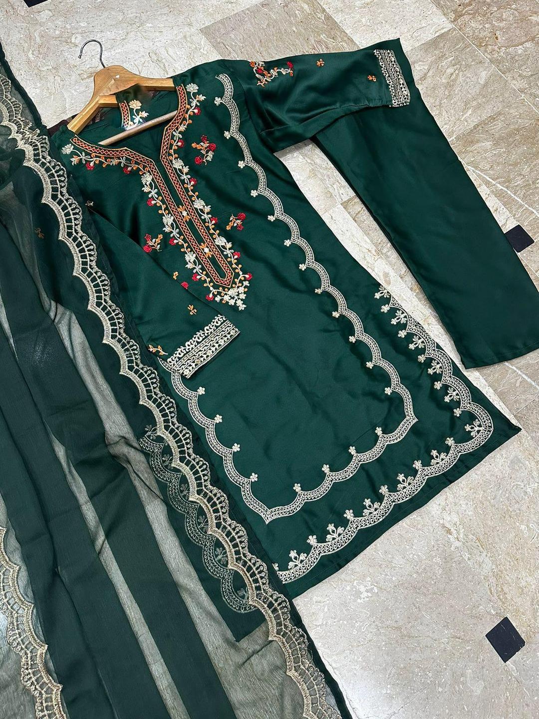 3 Pcs Women's Stitched Shamoz Silk Embroidered Suit