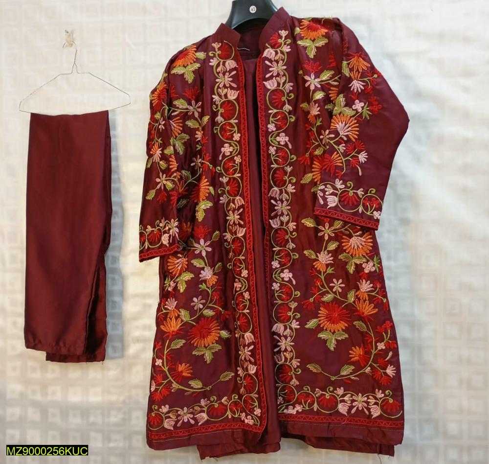 3 Pcs Women's Stitched Fancy Shamoz Silk Embroidered Gown