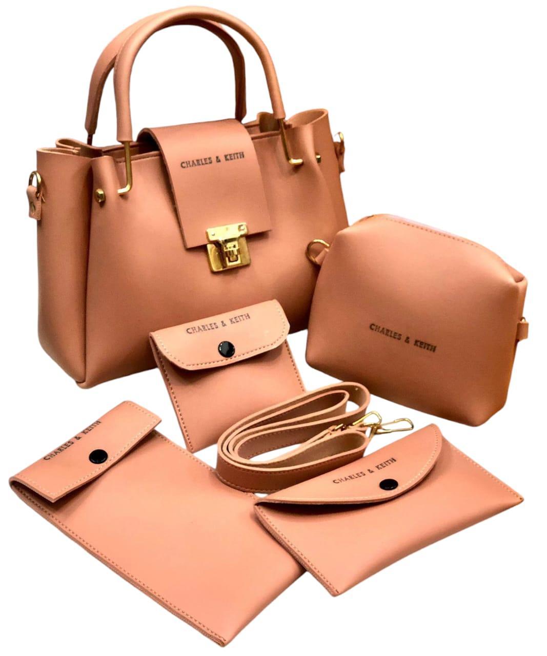 5 Pcs Women's PU Leather Plain Hand Bag Set
