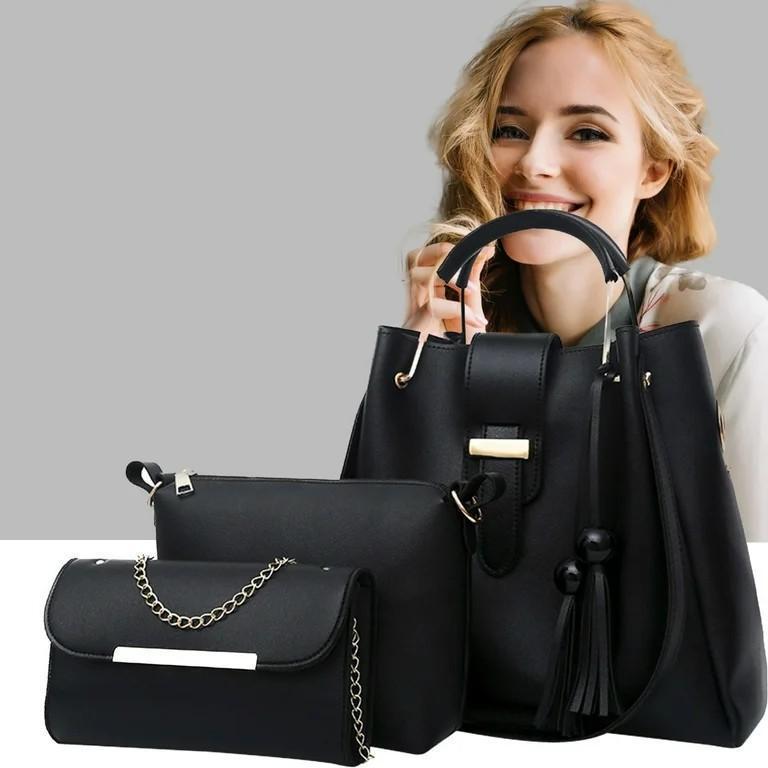 Women's PU Leather Plain Hand Bag Set