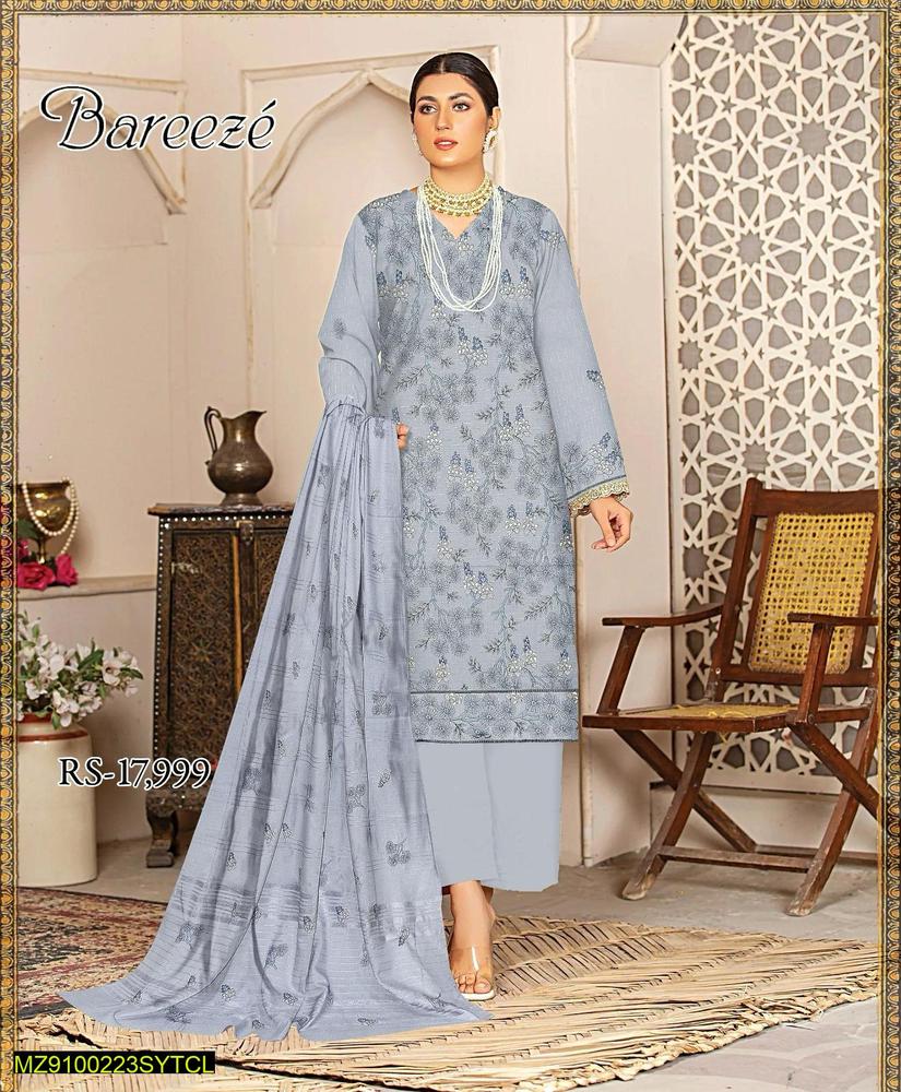 3 Pcs Women's Unstitched Dhanak Embroidered Suit