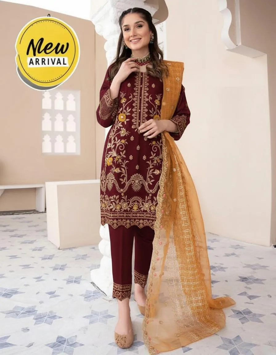 3 Pcs Women's Stitched Organza Embroidered Suit