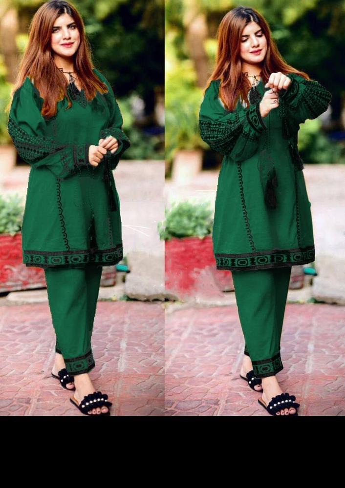 2 Pcs Women's Stitched Linen Embroidered Shirt And Trouser