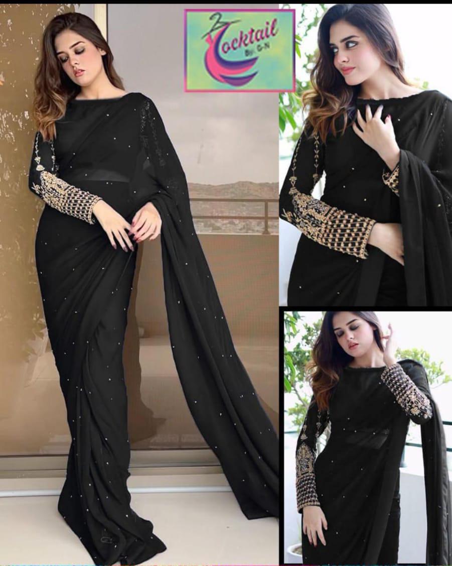 Stitched Saree - Black Crinkle Chiffon with Sequins Embroidery - 2 Pcs Set