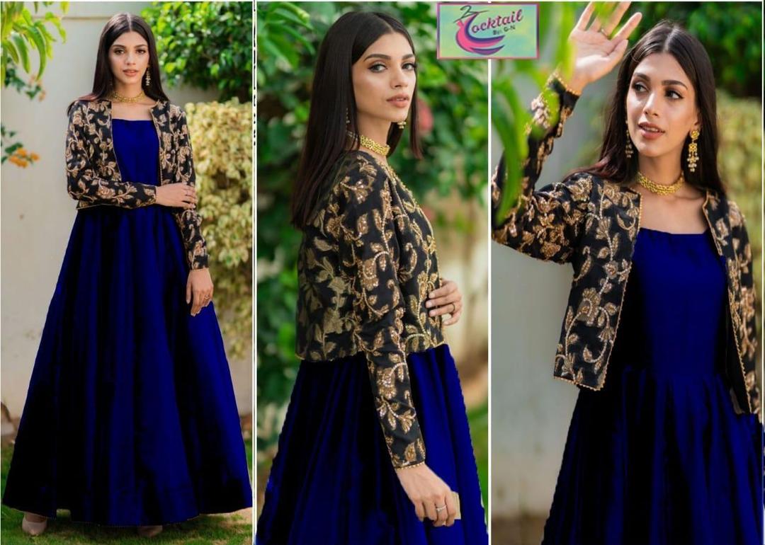 Stylish Blue Shalmose Silk Maxi and Jacket Set - 2 Pcs for Women