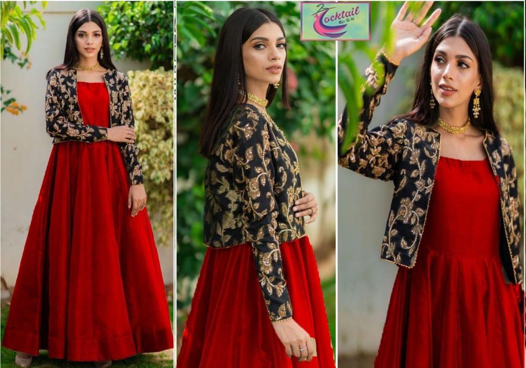 Elegant Maroon Shalmose Silk Maxi with Embroidered Jacket - 2 Pcs Set