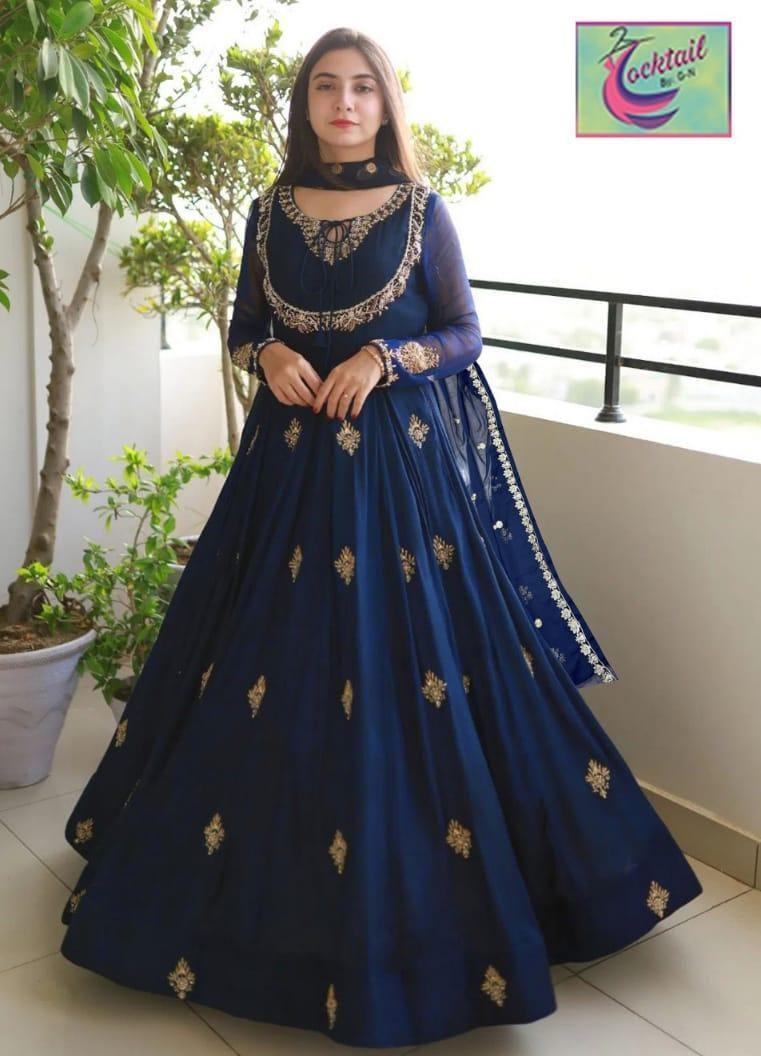Stylish Blue Embroidered Maxi Suit - 3 Pcs Ensemble