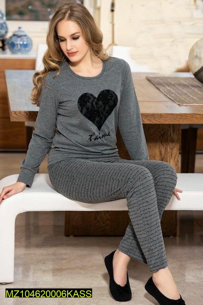 2 Pcs Women's Stitched Cotton Jersey Printed Night Suit - Grey