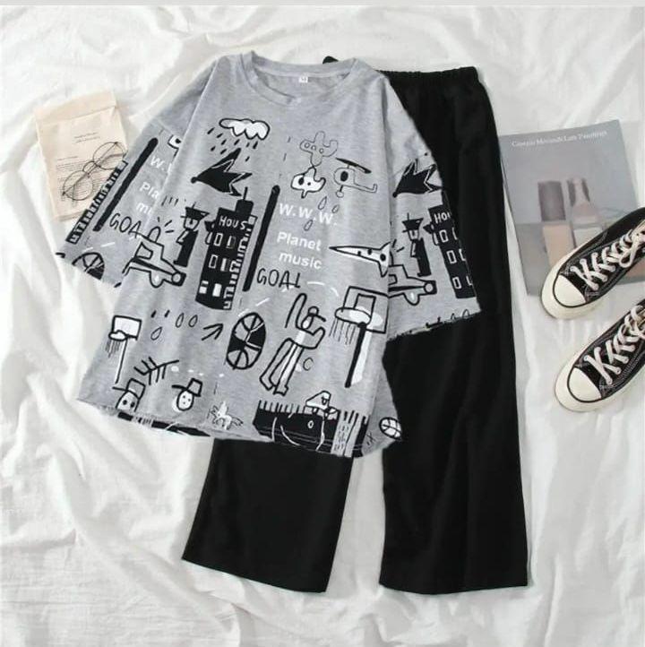 Women's Stitched Cotton Jersey Printed Night Suit