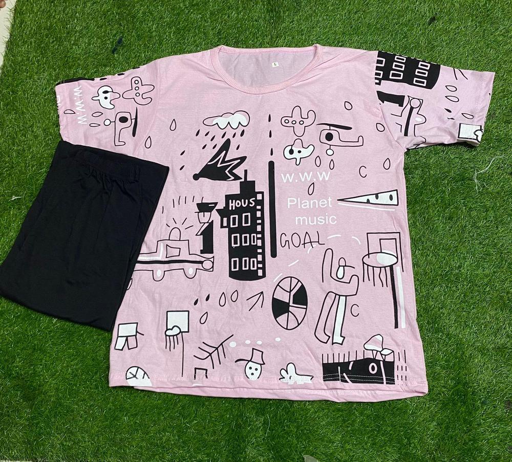 Women Printed Cotton Night Suit Pink Medium to XL view 3