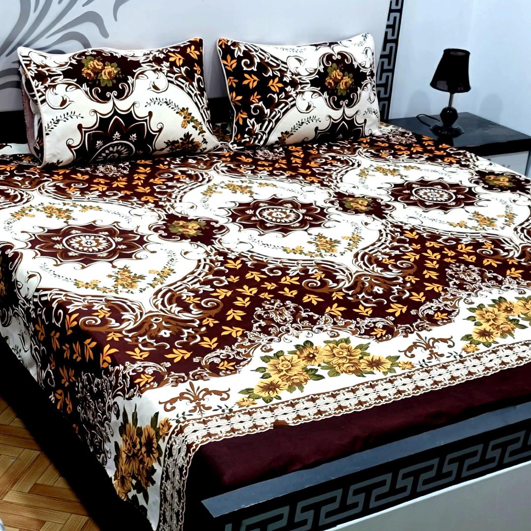 3 Pcs Crystal Cotton Printed Double Bedsheet