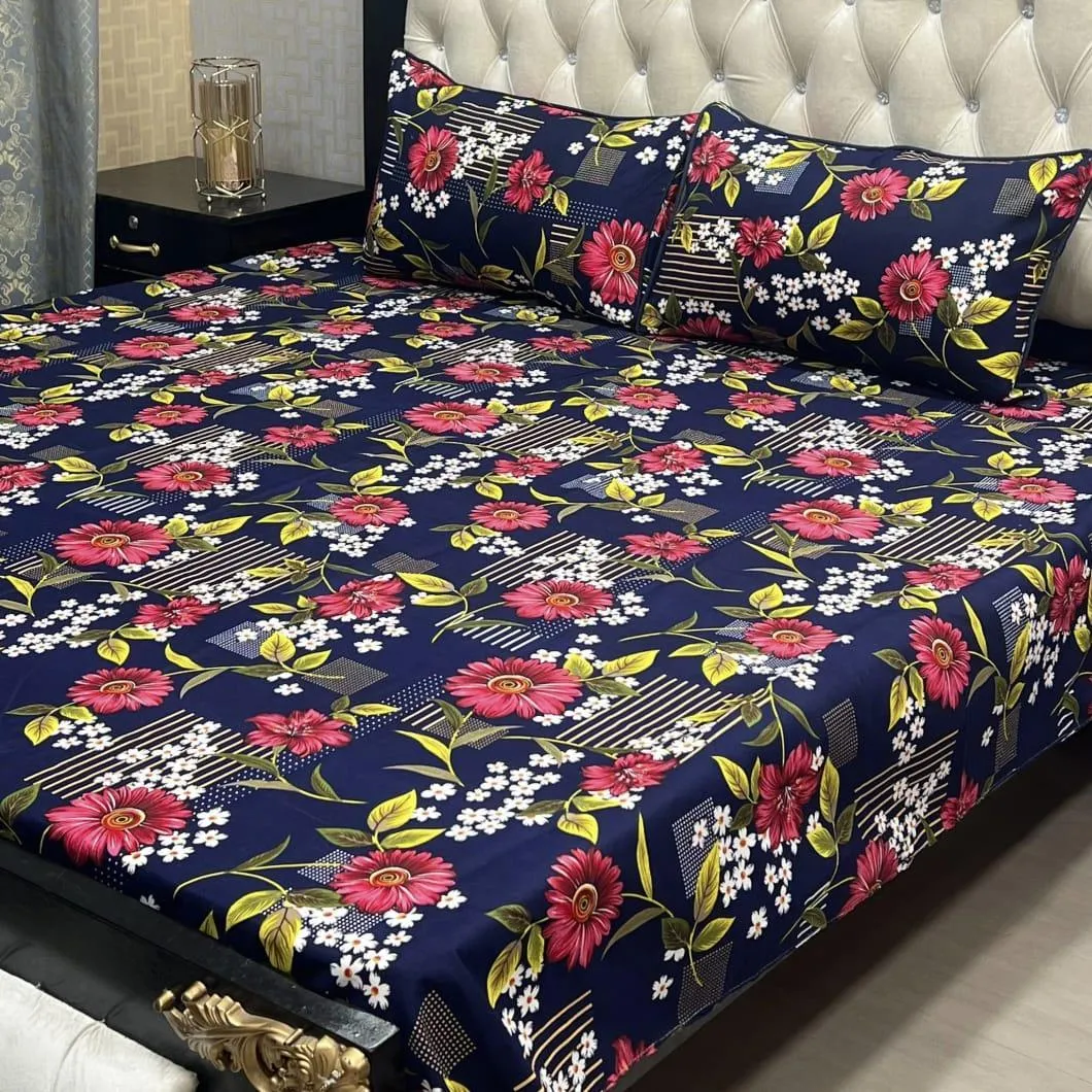 3 Pcs Crystal Cotton Printed Double Bedsheet