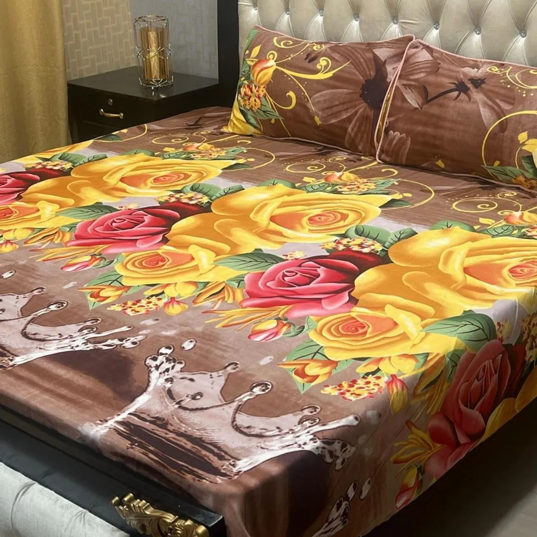 3 Pcs Crystal Cotton Printed Double Bedsheet
