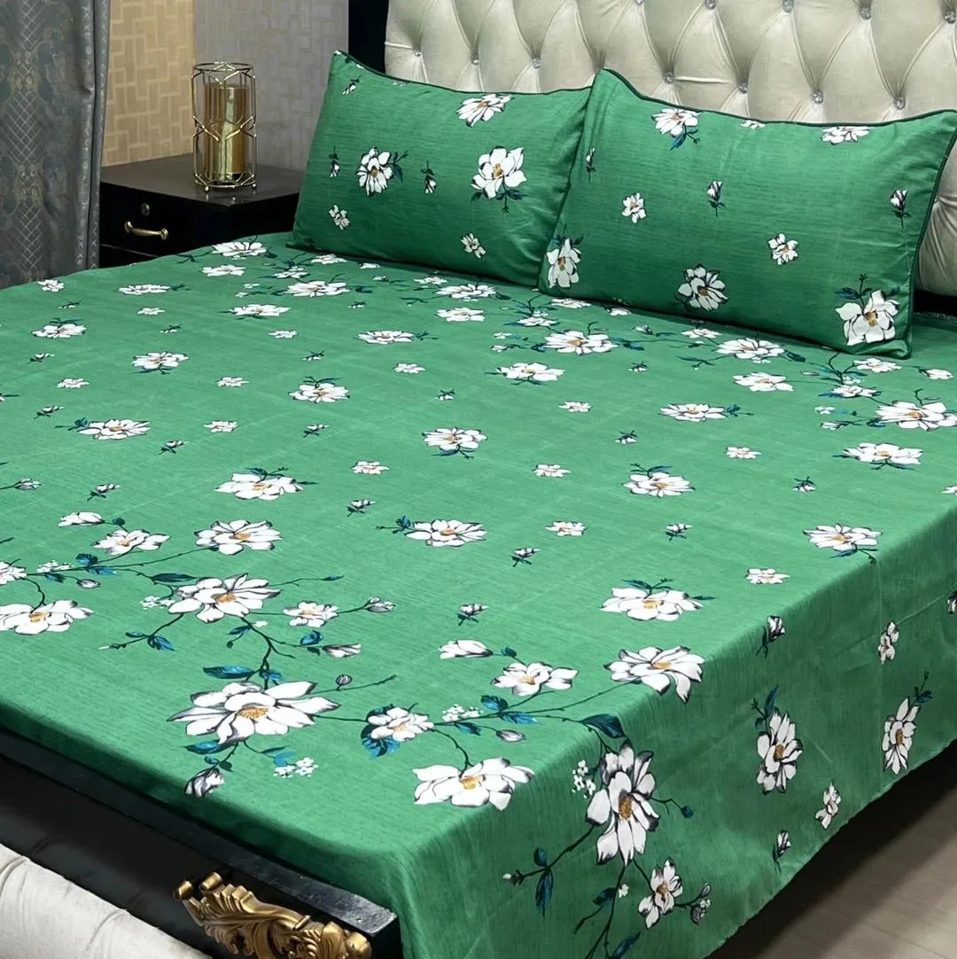 3 Pcs Crystal Cotton Printed Double Bedsheet