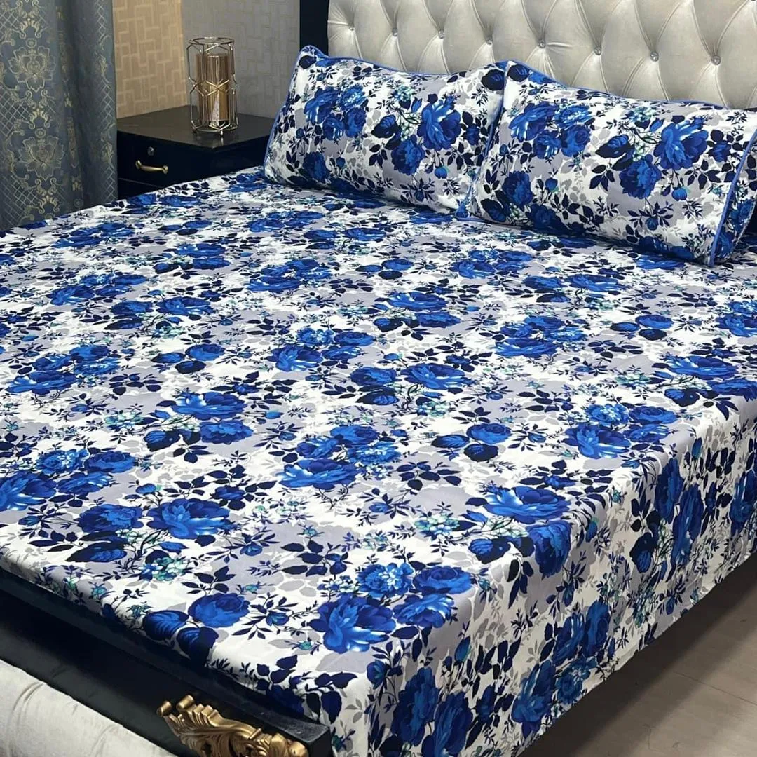 3 Pcs Crystal Cotton Printed Double Bedsheet