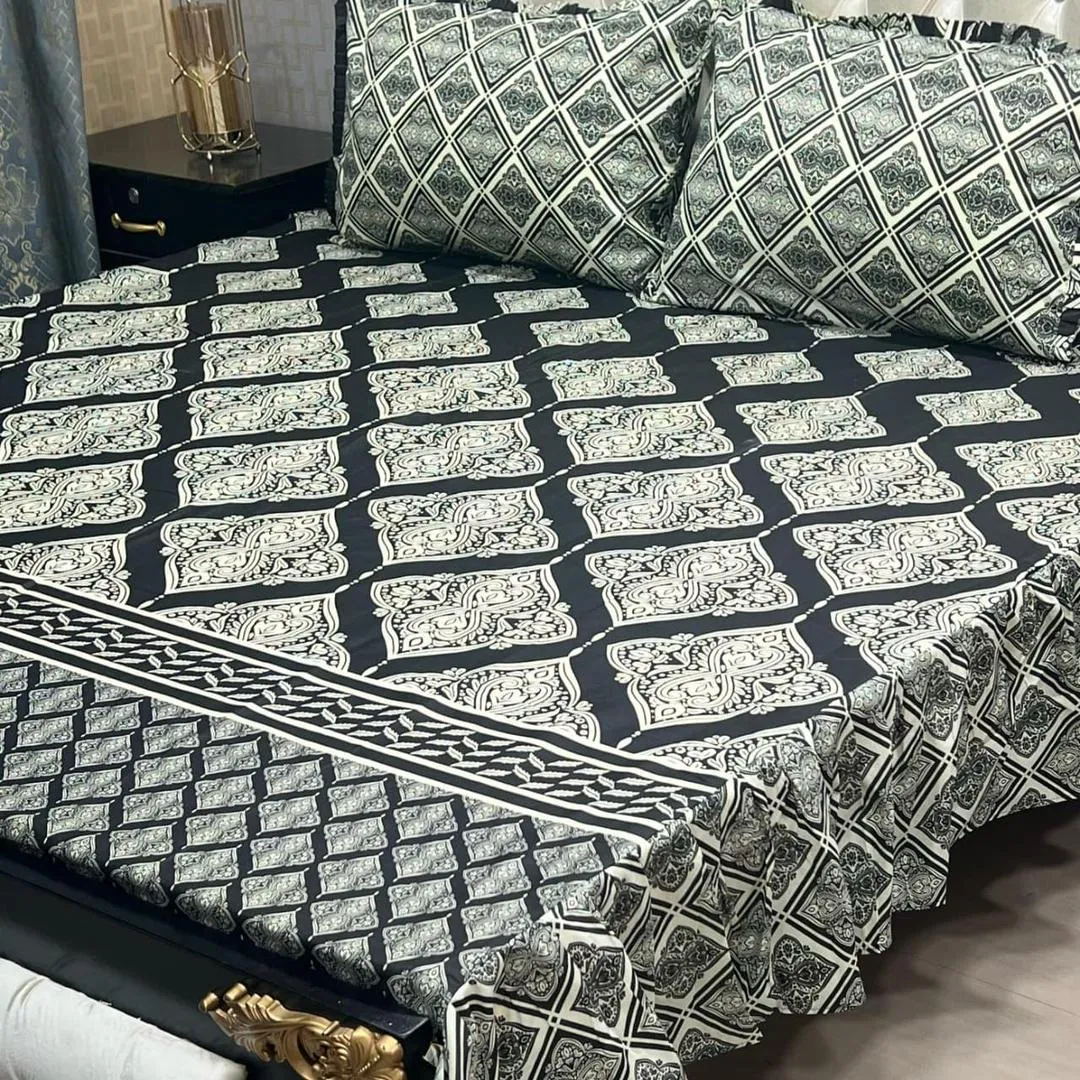 3 Pcs Mix Cotton Printed Double Bedsheet