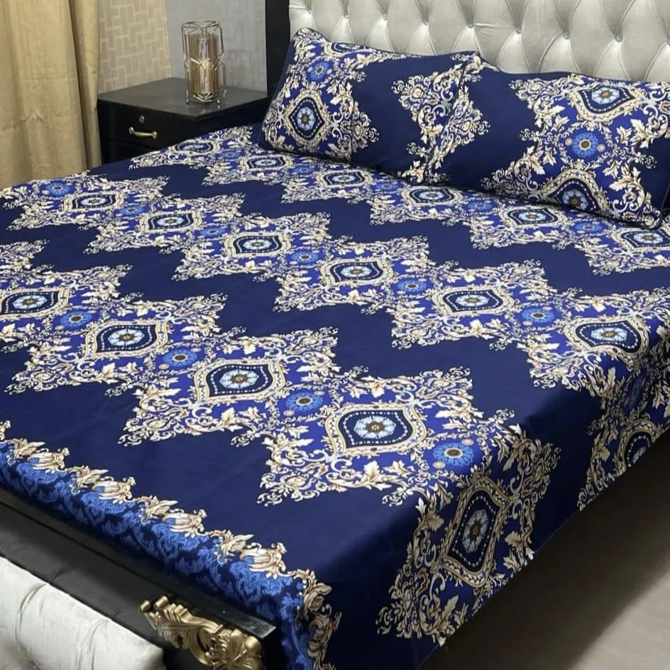 3 Pcs Crystal Cotton Printed Double Bedsheet