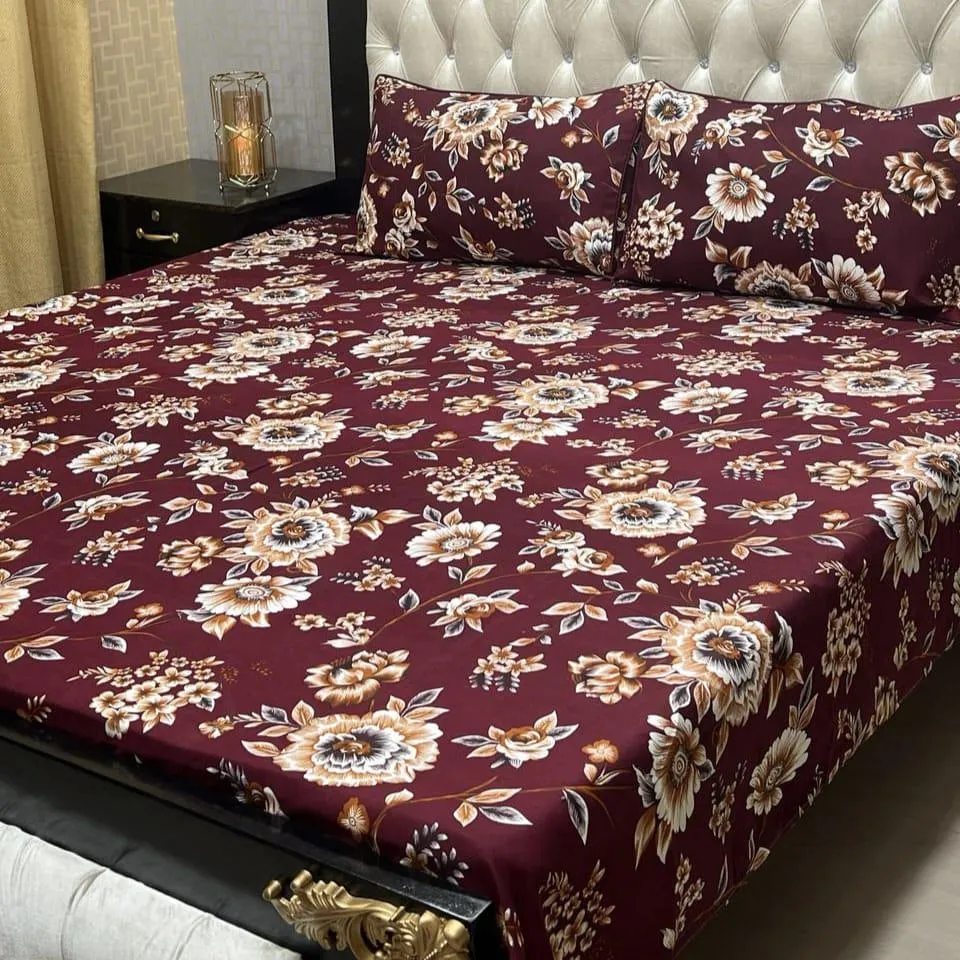 3 Pcs Crystal Cotton Printed Double Bedsheet