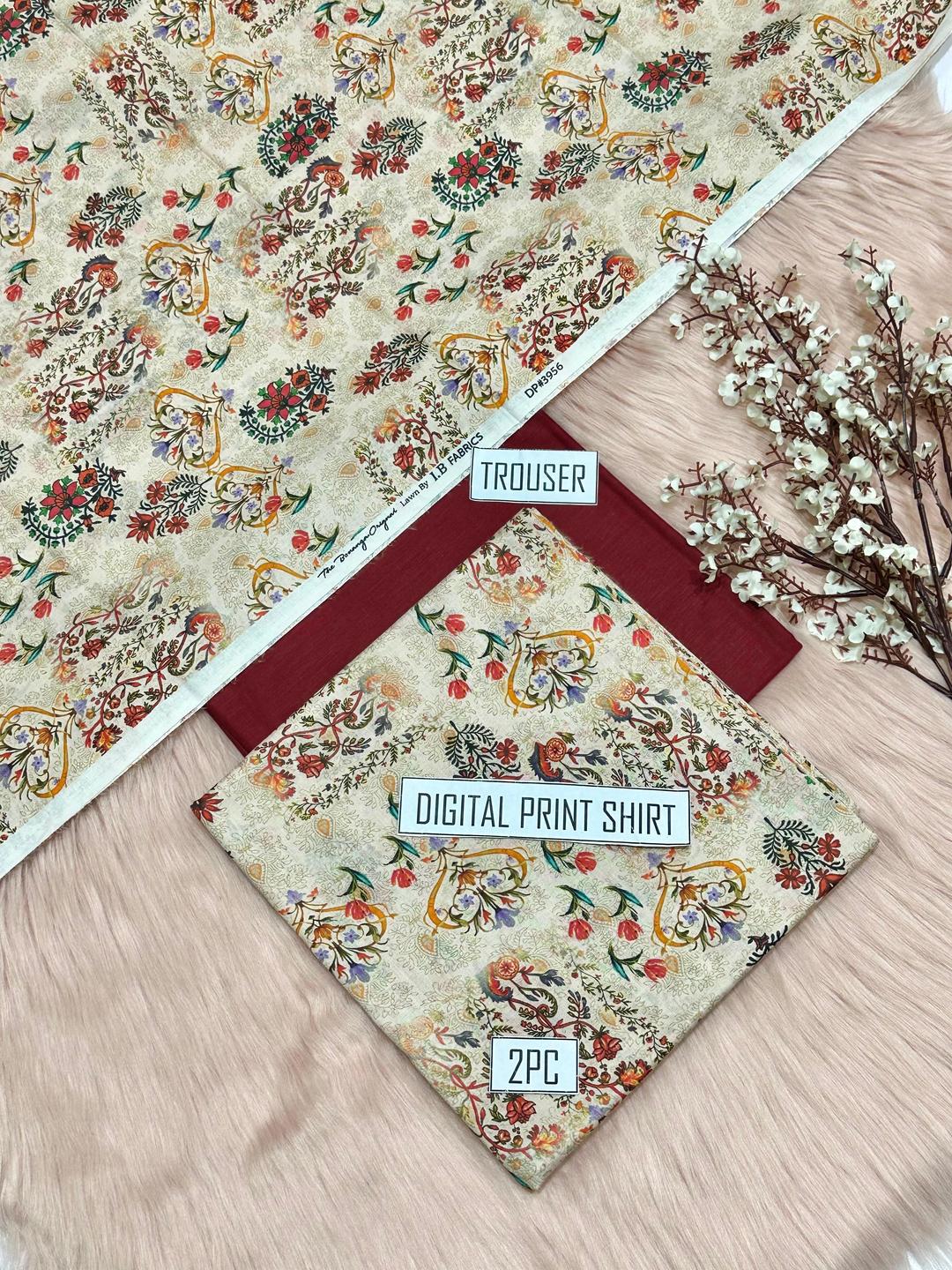 2 Pcs Women's Unstitched Digital Print Suit