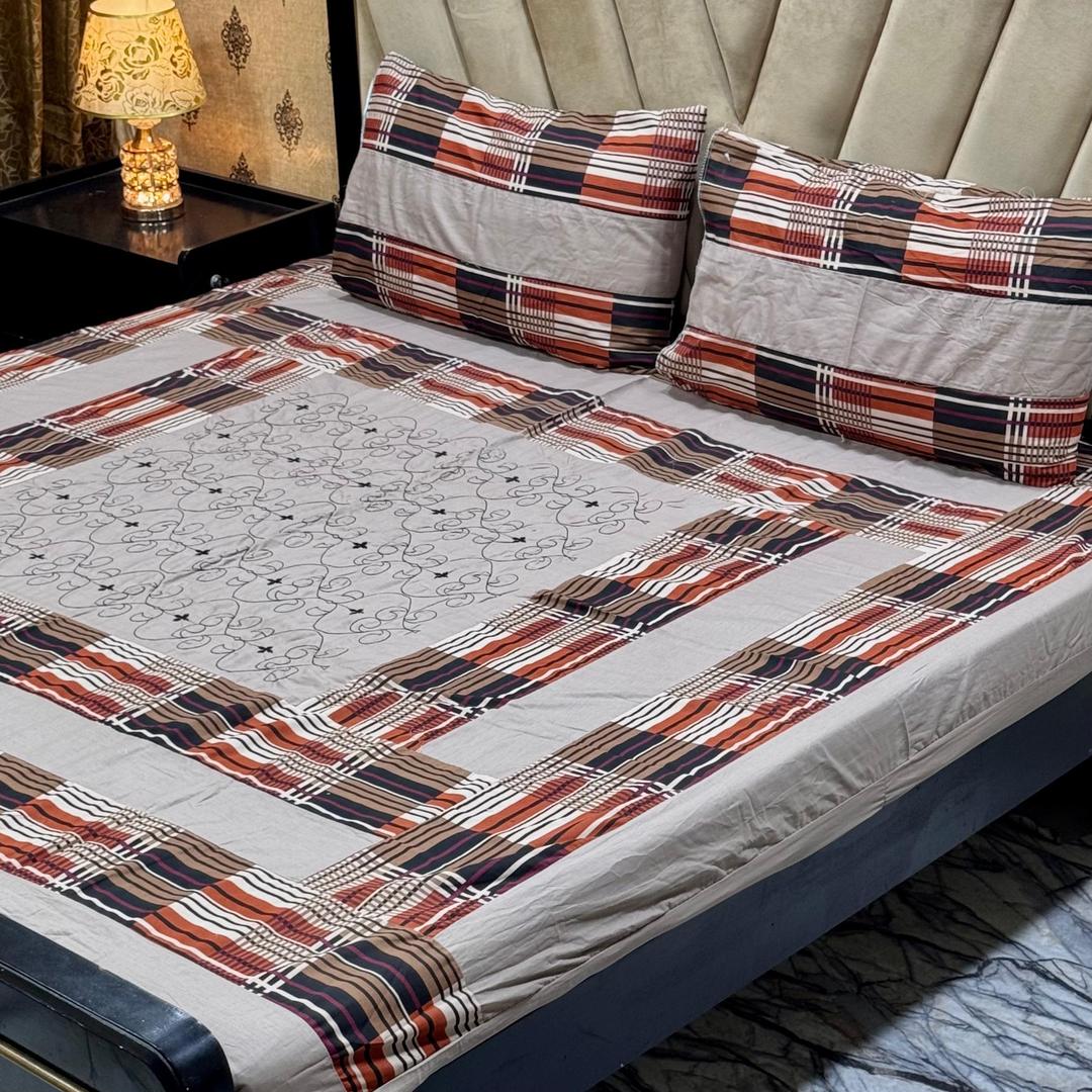 Luxurious King Size Cotton Satin Patchwork Bedsheet Set - 3 Pcs in Elegant Beige