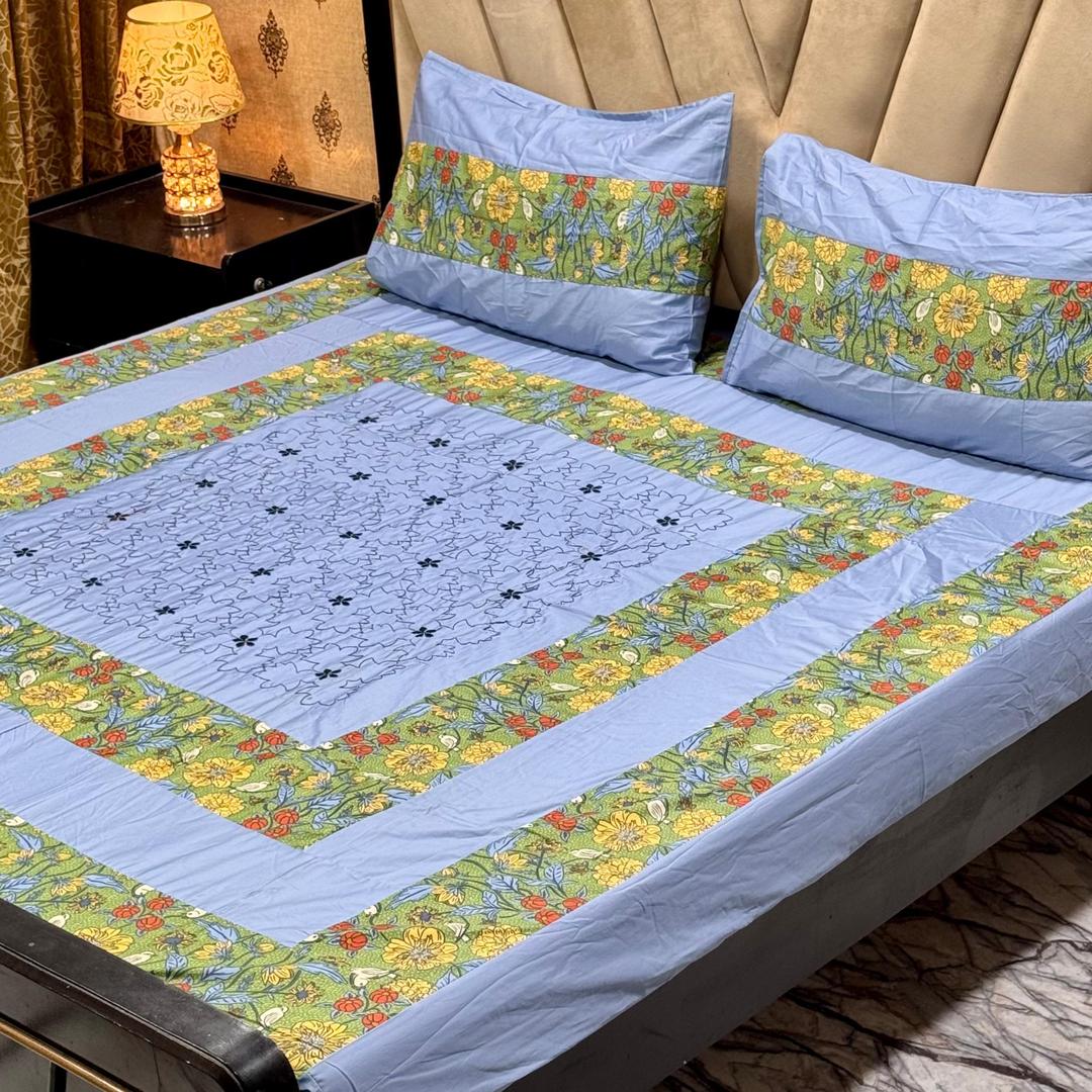 Luxurious King Size Cotton Satin Patchwork Bedsheet Set - 3 Pcs in Elegant Blue