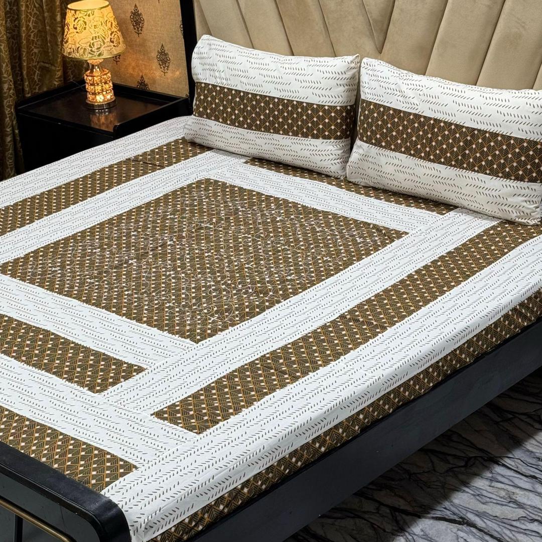 Luxurious King Size Cotton Satin Patchwork Bedsheet Set - 3 Pcs in Elegant Brown