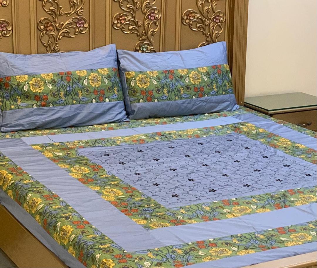 Luxurious King Size Cotton Sotton Patchwork Bedsheet Set - 3 Pcs in Elegant Blue