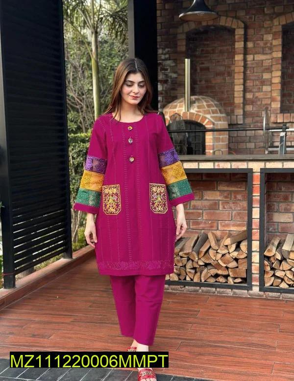 2 Pcs Women's Stitched Cotton Embroidered Shirt And Trouser