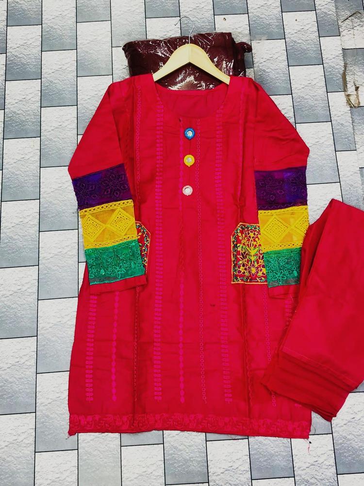 2 Pcs Women's Stitched Cotton Embroidered Shirt And Trouser