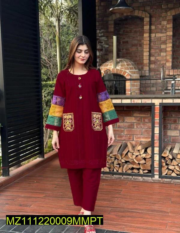 2 Pcs Women's Stitched Cotton Embroidered Shirt And Trouser