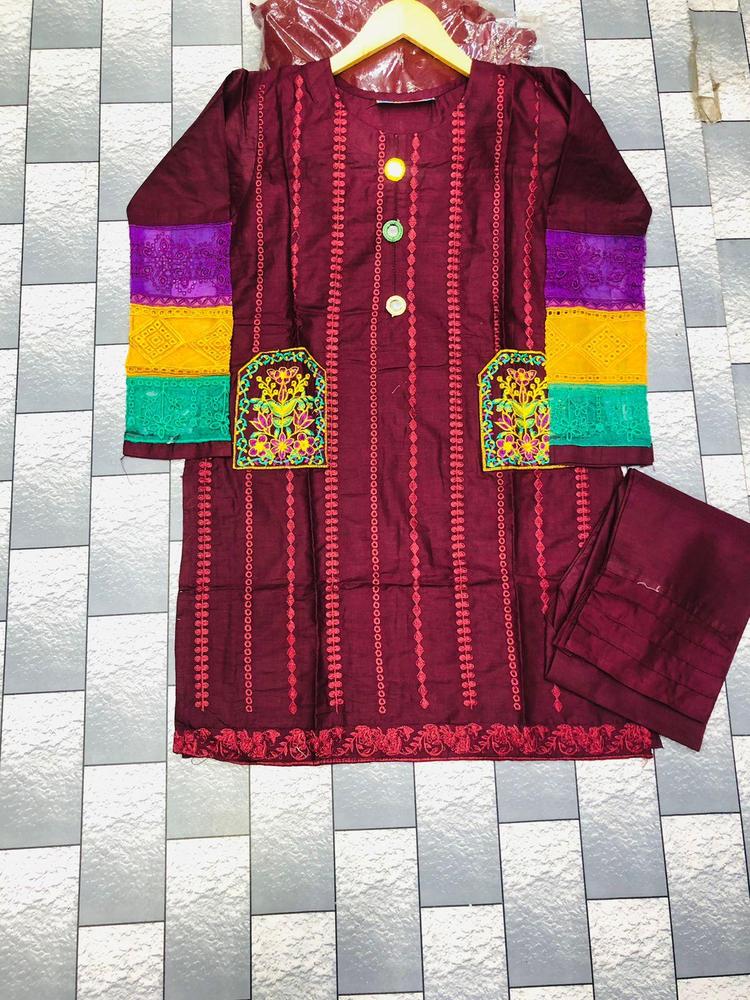 2 Pcs Women's Stitched Cotton Embroidered Shirt And Trouser
