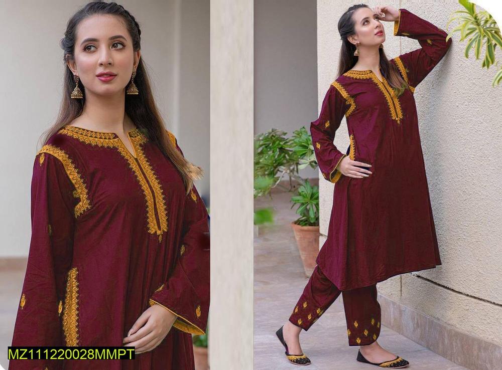 2 Pcs Women's Stitched Linen Embroidered Shirt And Trouser