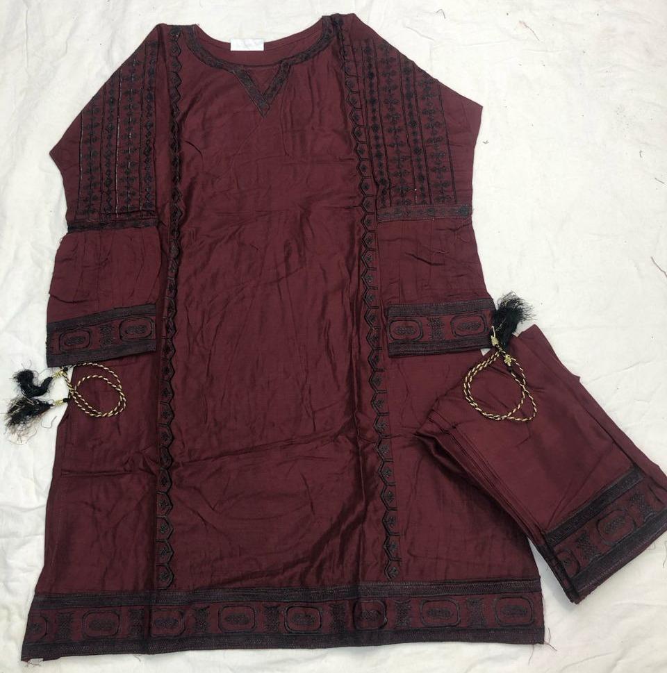 2 Pcs Women's Stitched Linen Embroidered Shirt And Trouser