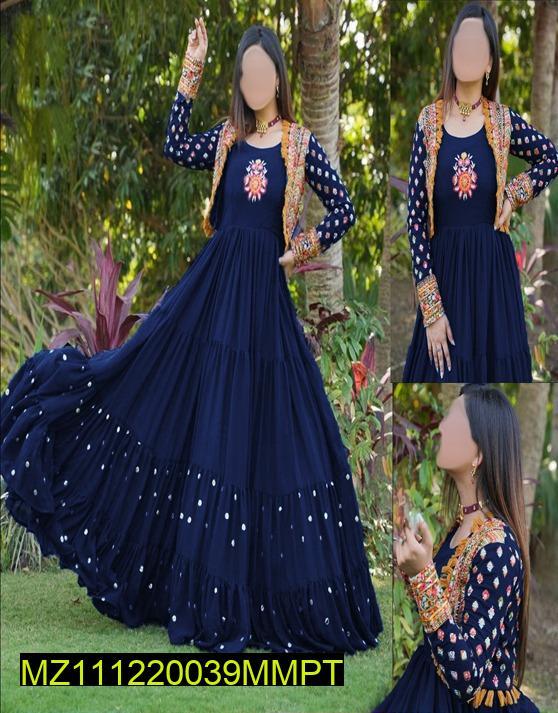 1 Pc Women’s Stitched Shamoz Silk Embroidered Koti Style Maxi