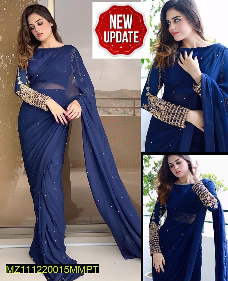 Women’s Crinkle Chiffon Sequins Embroidered Stitched Saree