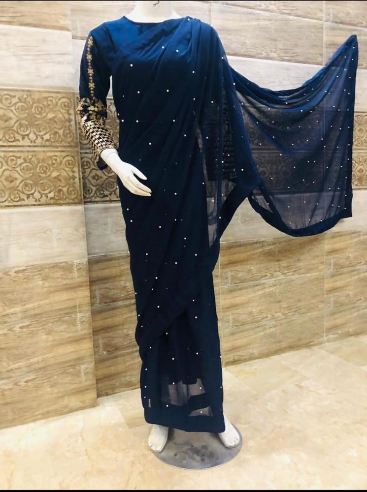 Women’s Crinkle Chiffon Sequins Embroidered Stitched Saree