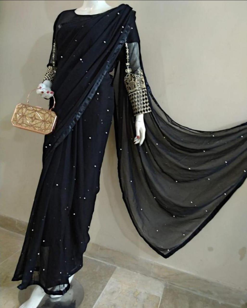 Stunning 3 Pcs Shamoz Silk Sequins Embroidered Stitched Saree Set for Women