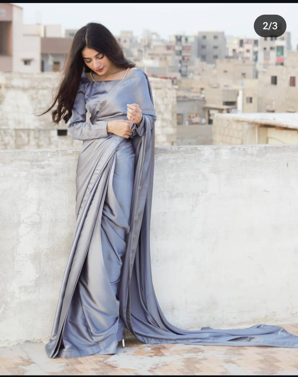 Stunning 3 Pcs Shamoz Silk Stitched Saree Set - Plain Silver Elegance