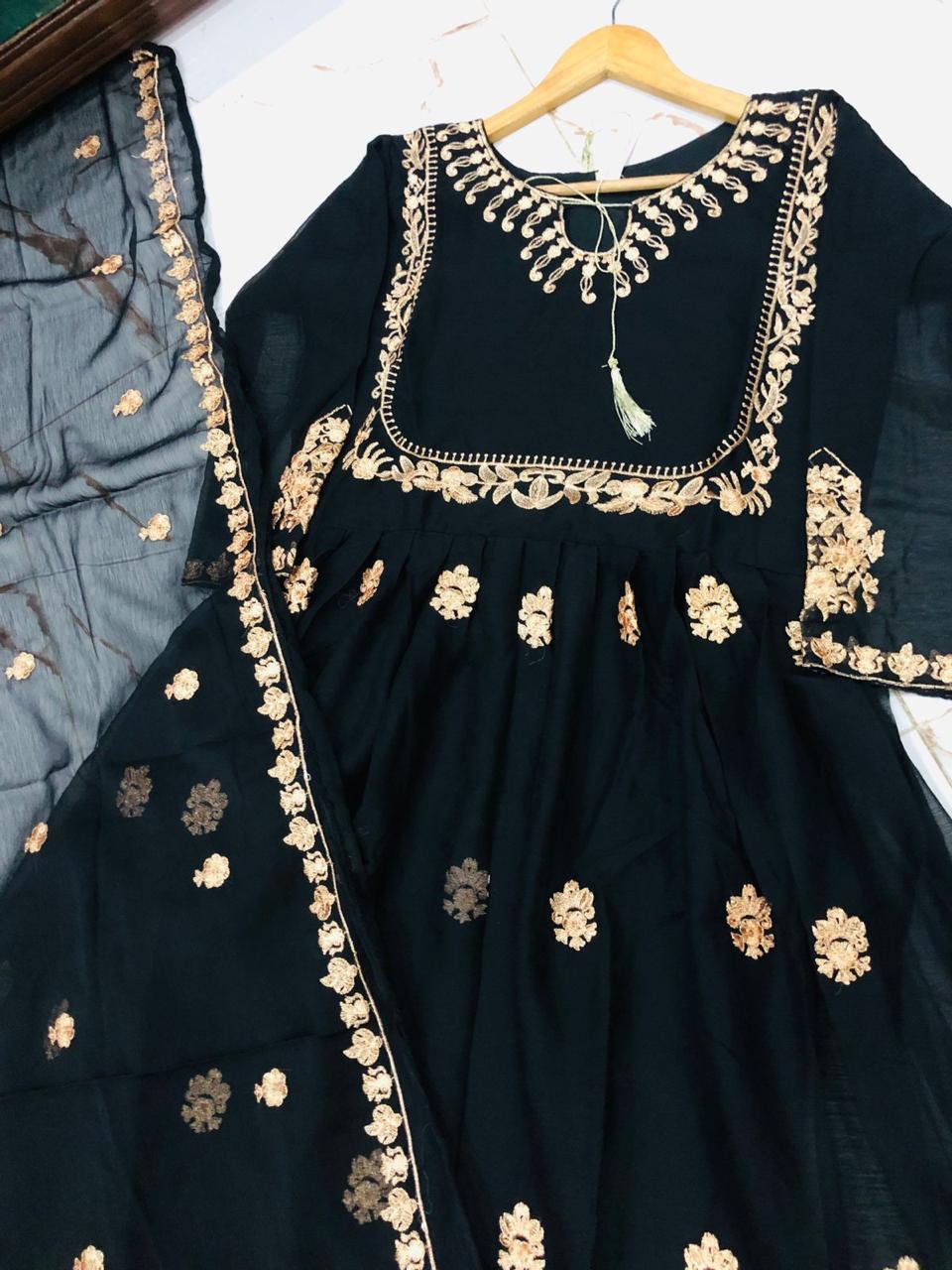 Elegant Black Embroidered Chiffon Maxi with Trouser & Dupatta - 3 Pcs Set
